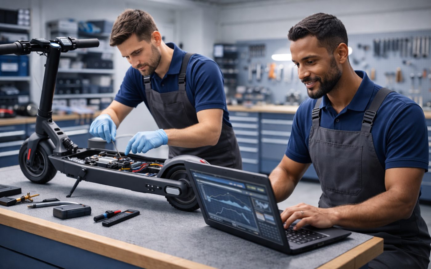 Laptop-Reparatur am Arbeitsplatz – Notebook mit laufendem Bildschirm