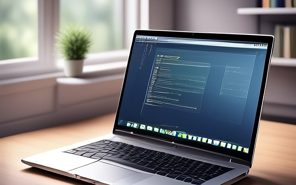 Laptop-Reparatur am Arbeitsplatz – Notebook mit laufendem Bildschirm