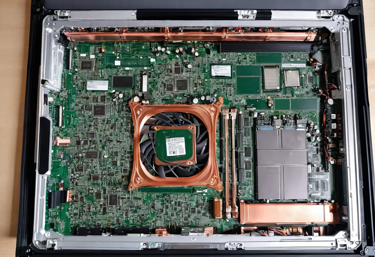 Ein von unten geöffnetes Notebook mit Mainboard und Lüfter auf einer Werkbank für Notebookreparaturen